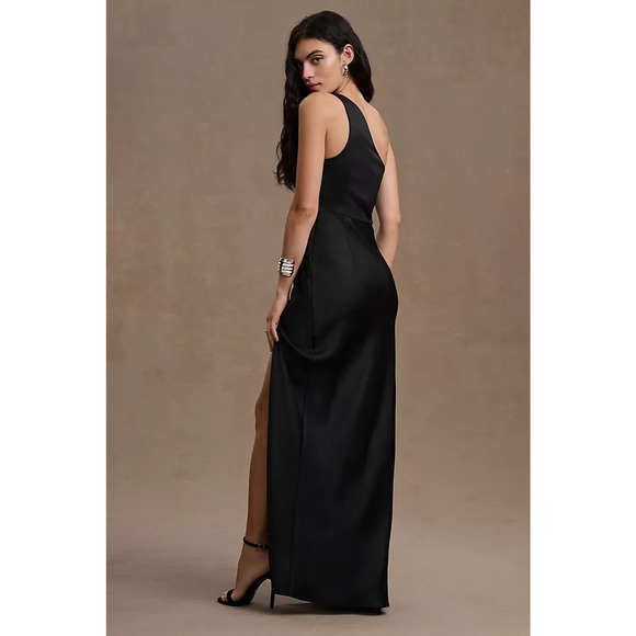 $248 BHLDN Dylan One Shoulder Satin Side Slit Gown in Black 12 NEW - Picture 3 of 13